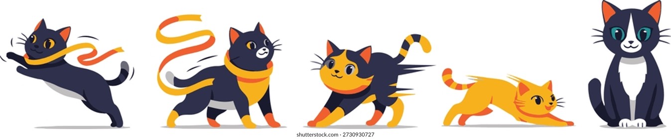 Eine Sammlung von fünf Zeichentrickkatzen in verschiedenen verspielten Posen, darunter Springen, Gehen, Strecken und Sitzen. Die Katzen sind in einem flachen grafischen Stil mit Farben wie Schwarz, Orange und Weiß dargestellt.