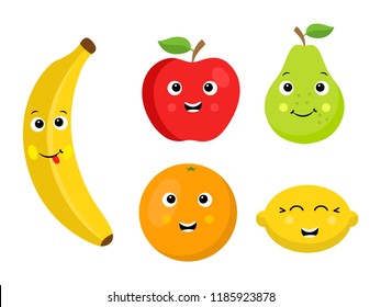 Collection of five cartoon fruit characters isolated on white: bananna, apple, orange, pear and lemon vector illustration