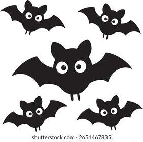 A collection of five cartoon-style bats with large eyes and spread wings, arranged in a playful flying formation