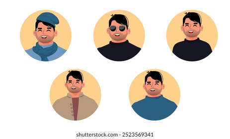 Eine Kollektion von fünf digitalen Portraitillustrationen im Cartoonstil, die verschiedene Modeaccessoires und Ausdrucksformen für kreative und künstlerische Projekte zeigen.