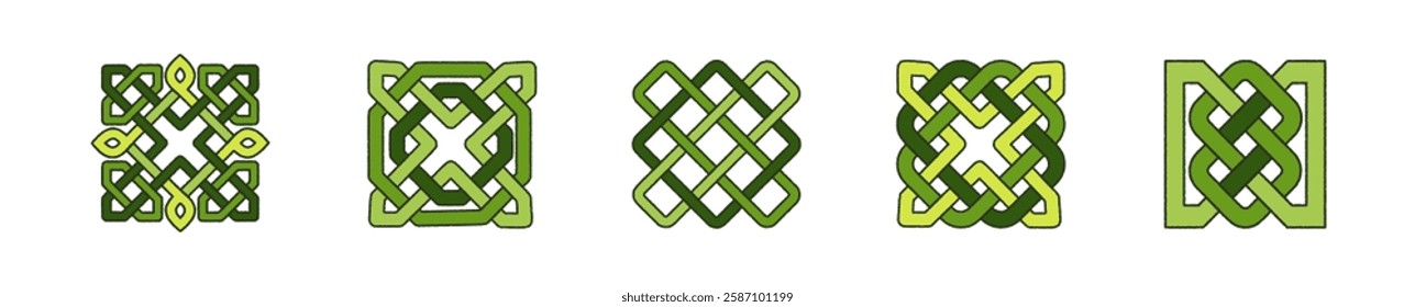 Collection of five Celtic knot designs, traditional symbols of the Northern European cultures. Vector illustrations of intricate knotwork patterns.