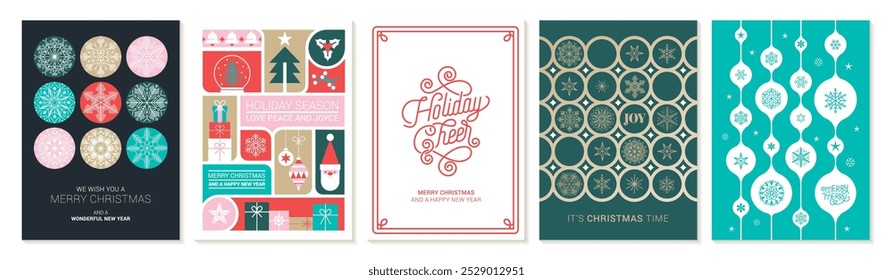 Colección de cinco Navidades y tarjetas de felicitación del año Nuevo en estilo moderno funky. Plantillas de Vector completo para tarjetas de felicitación, carteles, invitaciones y más