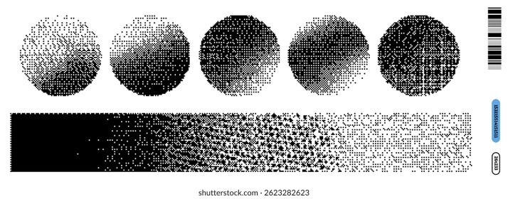 A collection of five circular patterns transitions from solid to gradient, showcasing a unique fusion of y2k and dada influences in a visually engaging manner.