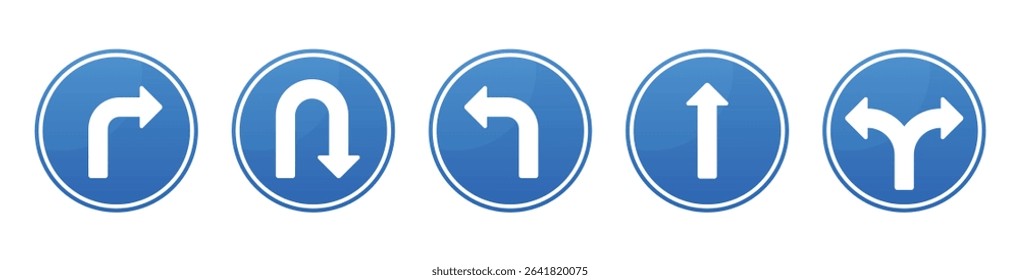 A collection of five circular road signs, each with a blue background and white arrow indicating different directions: right, U-turn, left, straight ahead, and a fork in the road.