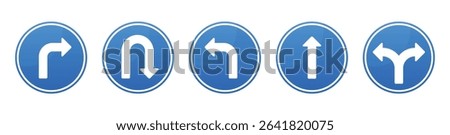 A collection of five circular road signs, each with a blue background and white arrow indicating different directions: right, U-turn, left, straight ahead, and a fork in the road.