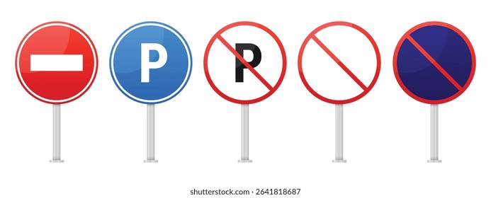 A collection of five circular traffic signs on poles, conveying regulations on entry, parking availability, and parking restrictions, set against a plain white backdrop.