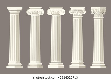 Collection of five classical architectural columns in different historical styles including doric, ionic, and corinthian.