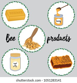 Collection of five colorful bee products. Vector illustration.