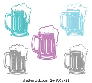 A collection of five colorful beer mugs, each overflowing with a frothy head, set against a clean white backdrop.