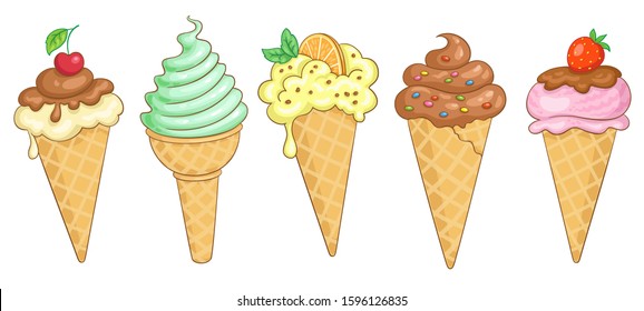 Collection of five colorful  ice creams in waffle cones. In a cartoon style. Isolated on white background. Vector illustration.