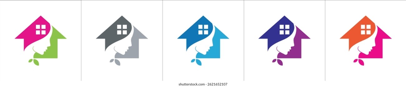 A collection of five colorful logos themed around a house, a woman's face, and leaves, symbolizing beauty, health, and eco-friendly living, perfect for real estate, salon, green housing.