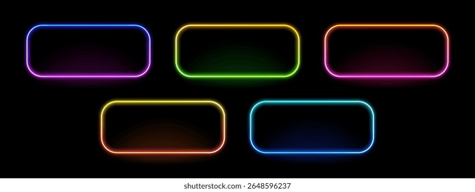 Collection of five colorful neon frame vector. Bright glowing rectangle border on black background for design element presentation.