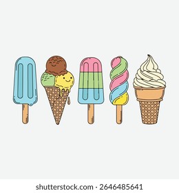 Collection of five colorful popsicles and ice cream cones with cute faces