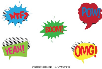 Colección de cinco burbujas de discurso de cómic gráfico colorido que muestran varios textos expresivos como boom pow wtf omg y yeah perfecto para crear ruido visual dinámico.