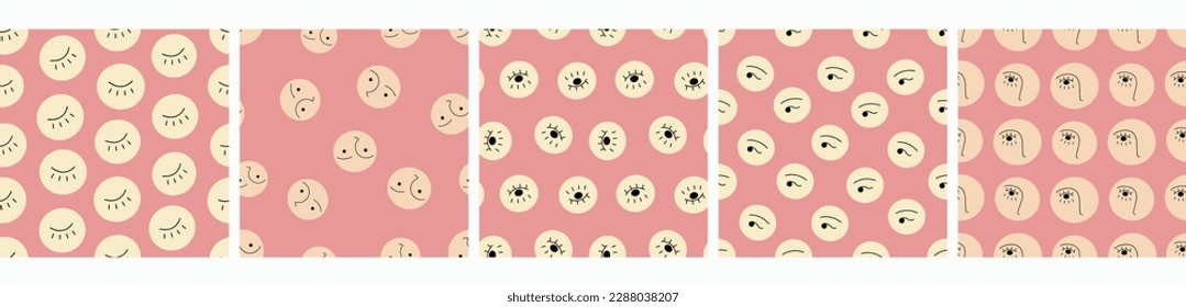 Collection of five creative patterns, abstract drawing. Continuous flat vector illustration, repeatable background
