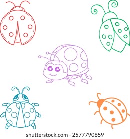 Collection of five cute drawings of Lady Bugs as symbol of health and optimism. 