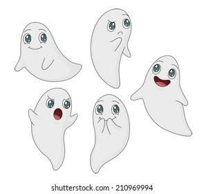 A collection of five cute ghost illustrations in various poses. Eps 8 Vector.