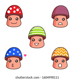 collection of five cute mushroom mascots
