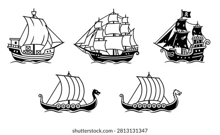 Collection of five different black and white line art illustrations of historic sailing ships and pirate vessels on water waves.
