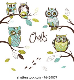 Collection of five different owls, sitting on the tree brunches