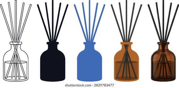 A collection of five different reed diffuser designs including line art, solid silhouettes, and realistic glass bottles with wooden sticks.