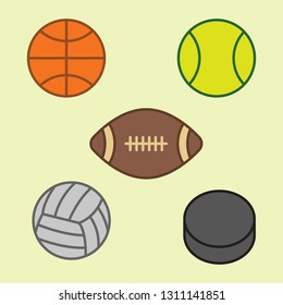 A collection of five different sports balls including a tennis ball, volleyball, basketball, football, and a hockey puck.