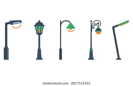 A collection of five different styles of outdoor street lamps and park lighting fixtures isolated on a white background for urban design and architecture projects