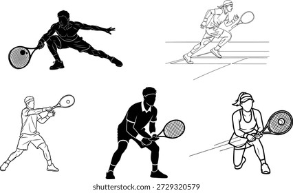 Eine Sammlung von fünf verschiedenen Tennisspielern in verschiedenen Action-Posen, die ihre Fähigkeiten und Athletik auf dem Platz, jeder mit einem Tennisschläger.