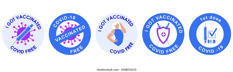 A collection of five different vaccination stamps or stickers. I got vaccinated. The girl shows the bandage from the vaccination.  The shield and the vaccine bottle protect against the coronavirus. 