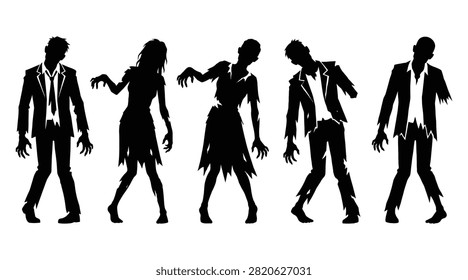 Collection of five different zombie silhouettes in various poses, featuring tattered clothing and undead postures, isolated on a white background.