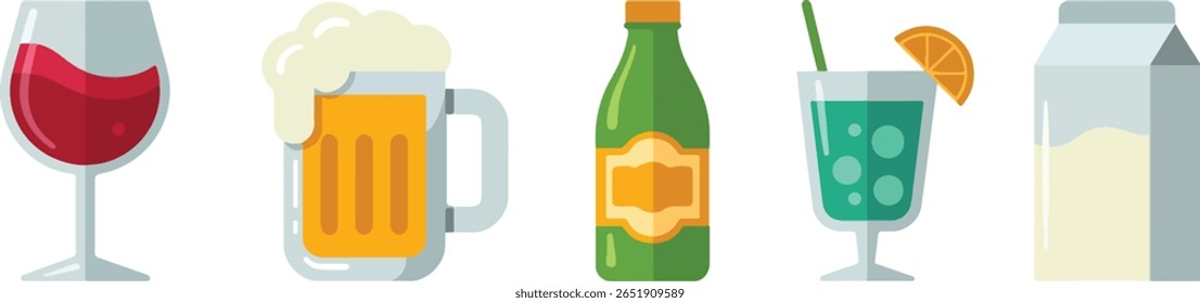Uma coleção de cinco bebidas distintas, incluindo um copo de vinho tinto, uma caneca de cerveja com espuma, uma garrafa verde, um coquetel com uma fatia laranja e palha, e uma caixa de leite.
