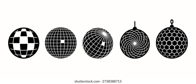 A collection of five distinct black disco ball silhouettes featuring various geometric patterns such as hexagons grids and spirals. This flat design graphic set evokes a retro seventies and eighties party atmosphere perfect for nightclub event posters music festival flyers and dance party invitations. Each mirror ball icon represents celebration and nightlife energy.