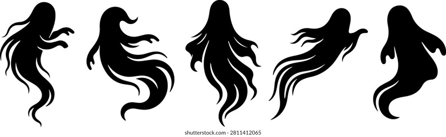 A collection of five distinct black ghost silhouettes, each with unique flowing shapes and wispy trails, perfect for Halloween-themed graphics and designs.