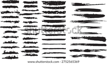 A collection of five distinct black grunge brush stroke silhouettes, featuring abstract organic shapes and textures on a clean white background. These scalable vector graphics are perfect for adding a rough, artistic, or distressed look to designs, backgrounds, or textured overlays.