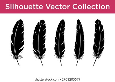 Una colección de cinco ilustraciones de plumas de silueta negras distintas sobre un fondo blanco.