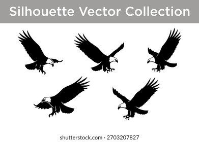 Una colección de cinco Ilustraciones vectoriales negras distintas de águilas en vuelo, mostrando su envergadura y postura depredadora.