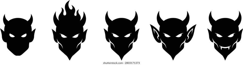 A collection of five distinct black silhouette devil head designs, suitable for mascots, logos, Halloween themed graphics, or dark fantasy artwork.