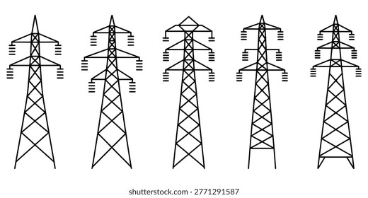 A collection of five distinct black and white line art illustrations depicting various types of metal electricity towers. Vector, illustration