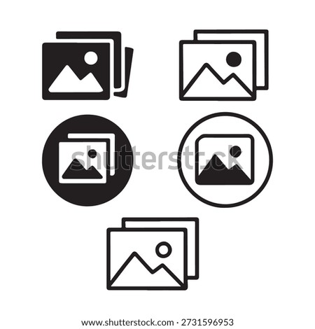 A collection of five distinct black and white picture or gallery icons for user interfaces