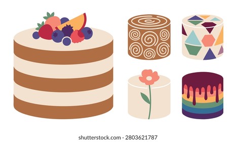 A collection of five distinct cakes and pastries, including a layered fruit, a cinnamon roll, a geometric patterned cake, a floral decorated, and a rainbow drip cake.