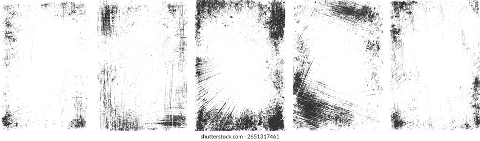 A collection of five distinct distressed grunge textures featuring black and white abstract patterns and scratches.