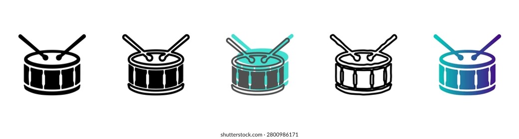 A collection of five distinct drum icons, each featuring drumsticks, showcasing different artistic interpretations and color gradients for versatile design use