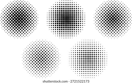 Collection of five distinct geometric halftone patterns demonstrates various shapes like circles squares and diamonds using differing sizes and densities to create visual gradients across the white background perfect for abstract graphic design elements or retro printing effects.