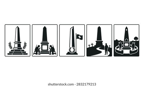 A collection of five distinct graphic icons featuring various styles of obelisks, war memorials, and commemorative monuments in a minimalist black and white design.