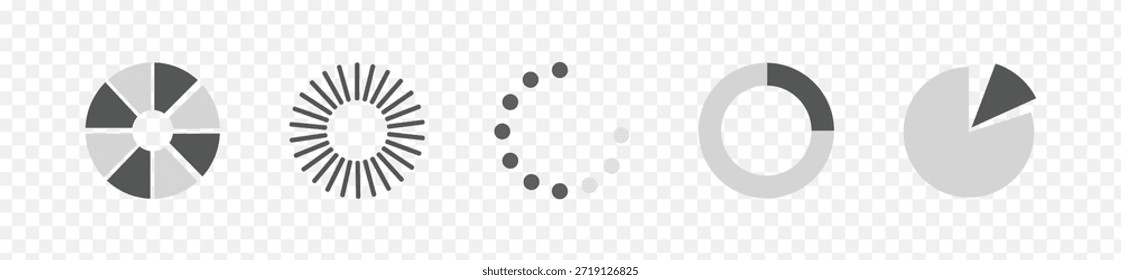 Una colección de cinco iconos circulares grises y blancos distintos que representan la carga, el almacenamiento en búfer, el progreso y los diferentes estilos de gráficos circulares, adecuados para Elementos de interfaz de usuario y representación de datos.