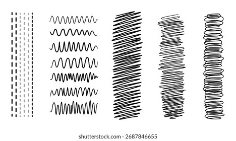 Colección de cinco patrones de líneas abstractas dibujadas a mano, que varían en textura y densidad, sobre un fondo blanco.