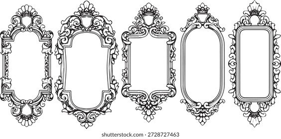 A collection of five distinct, highly detailed vintage frames, each featuring elaborate rococo and baroque-inspired scrollwork, floral motifs, and decorative flourishes.