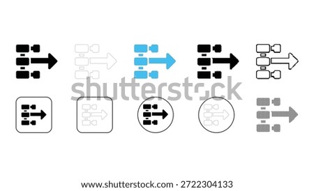 A collection of five distinct icon styles representing network routing or data flow, all featuring a right-pointing arrow. Styles include solid black, outline, colored blue, filled outline, and graysc