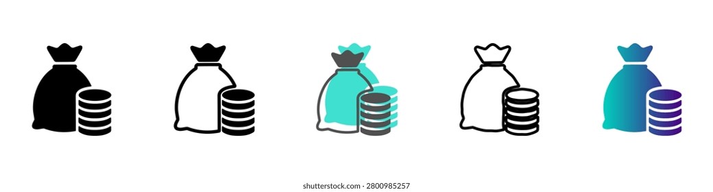 A collection of five distinct icons depicting a money bag alongside a stack of coins, symbolizing financial concepts and monetary value