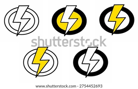 A collection of five distinct lightning bolt symbols, each encased within a circular outline, showcasing different color combinations and styles for energy and power representation.
